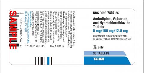 Amlodipine, Valsartan, and Hydrochlorothiazide Tablets 5 mg/160 mg/12.5 mg, 30 Tablets