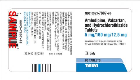 Amlodipine, Valsartan, and Hydrochlorothiazide Tablets 5 mg/160 mg/12.5 mg, 90 Tablets