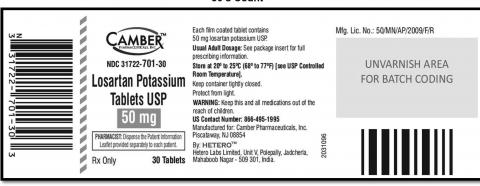 Losartan Potassium Tablets USP, 50 mg. 30 Tablets 