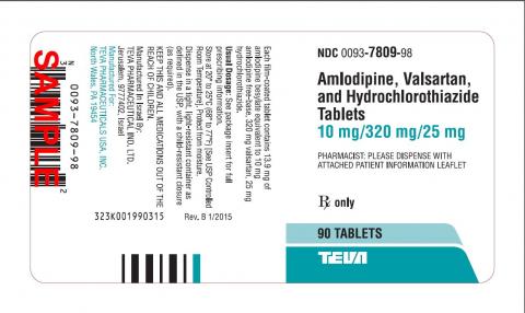 Amlodipine, Valsartan, and Hydrochlorothiazide Tablets 10 mg/320 mg/25 mg. 90 Tablets