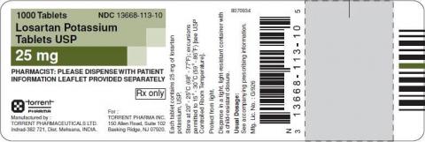 Label:  Losartan Potassium Tablets USP, 25 mg, 1000 Tablets, Torrent"