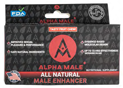 “Alpha Male+, All Natural Male Enhancer, Tasty Fruit Chew, carton front” 