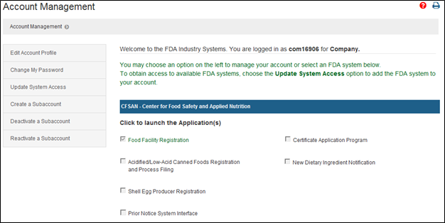 FDA Industry System Home Page screen