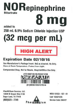 Label-8mg Norepinephrine Bitartrate (32mcg/mL) added to 0.9% Sodium Chloride in 250mL Viaflex Bag