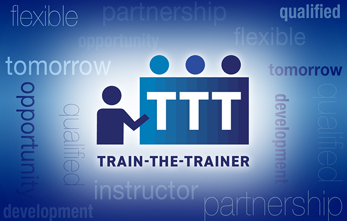 Train-the-Trainer text with illustration of trainer above and descriptive words in the background – tomorrow, opportunity, qualified, development, partnership