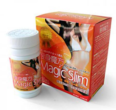 Magic Slim capsules packed in a non-flexible white bottle with a white screw-on top