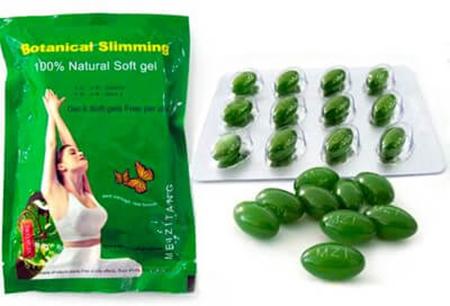Botanical Slimming - 100% Natural Soft gel; 30 soft gels; 650mg each packaged in a  green bag with yellow and white lettering