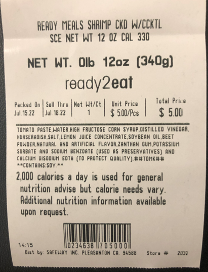 Product label, Ready Meals Shrimp Cooked with Cocktail Sauce 12 oz