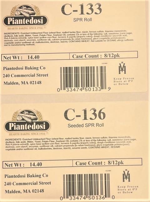 Label – Piantedosi C-133, SPR Roll, Net Wt: 14.40, Case Count: 8/12pk,  Label – Piantedosi C-136, Seeded SPR Roll, Net Wt: 14.40, Case Count: 8/12pk