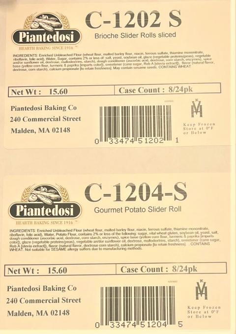 Label – Piantedosi C-1202 S, Brioche Slider Rolls sliced, Net Wt: 15.60, Case Count: 8/24pk,  Label – Piantedosi C1204-S, Gourmet Potato Slider Roll, Net Wt: 15.60, Case Count: 8/24pk