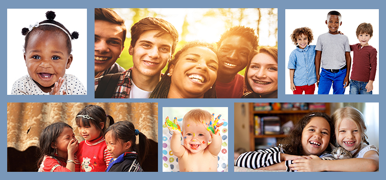 Collage of children laughing and smiling.