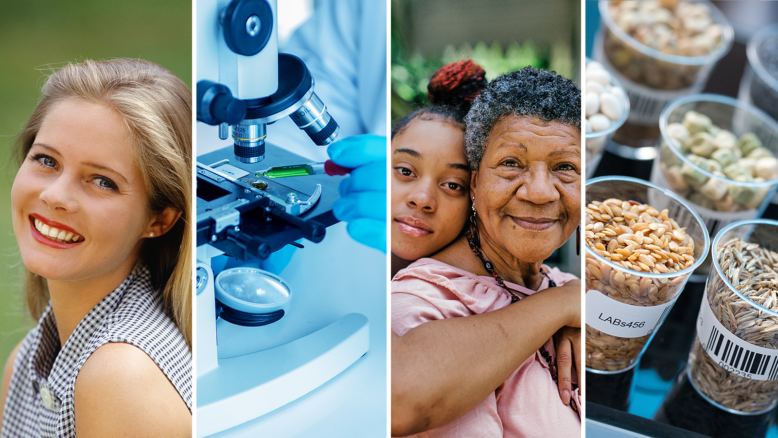 A collage of four images including a photo of a blonde woman, a scientist using a microscope, an African-American elderly woman with a young girl, and cups filled with samples of seeds and cereals