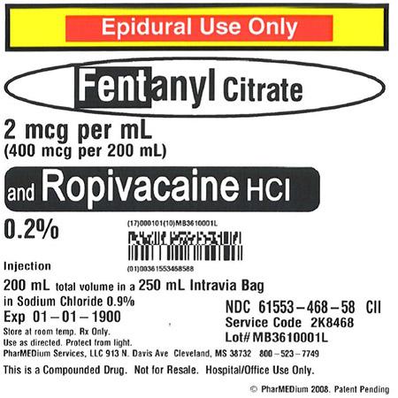 "2 mcg/mL Fentanyl Citrate and 0.2% Ropivacaine HCl (Preservative Free) in 0.9% Sodium Chloride"