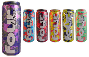 six drink cans of Four Loko in various colors