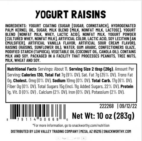 Nutrition Panel, Snack Worthy Yogurt Raisins