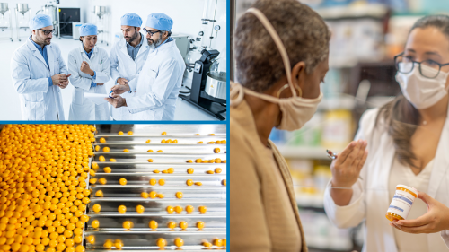 Three image collage depicting a group of lab workers in white coats. Yellow pills being sorted by machinery, and a pharmacist holding a bottle of pills, conversing with a patient.