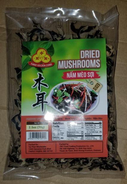 1) Three Coins Dried Mushrooms Slices – Item #: 01051- Nam Meo Soi -S- 2.5 oz