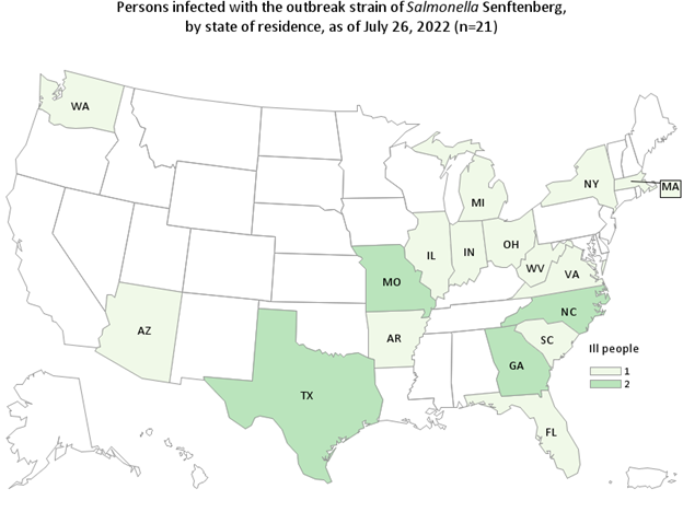 Outbreak Investigation of Salmonella: Peanut Butter (May 2022): Salmonella in Peanut Butter CDC Case Count Map as of July 26