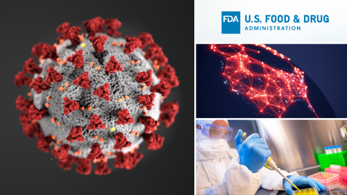 Three image collage depicting COVID-19 molecule on the left, a globe highlighting America and a scientist working in a lab on the right.