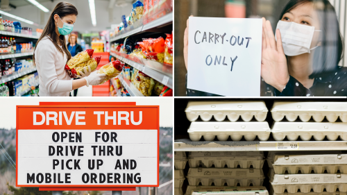 4 photos collage: woman wearing face mask and rubber gloves while reading labels on packaged food items in grocery store, woman wearing face mask taping handwritten cary-out only sign on restaurant window, egg cartons stacked on grocery store shelf, outdoor sign advertising restaurant is open for drive thru pick up and mobile ordering 