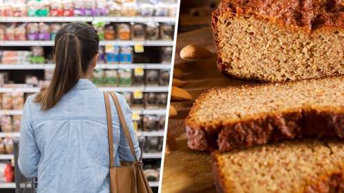 Gluten Free themed image that displays a close up shot of a loaf of bread and almonds.