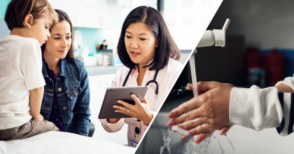 Left photo of doctor talking to child patient with mother. Right photo of child washing hands wearing long sleeve shirt.