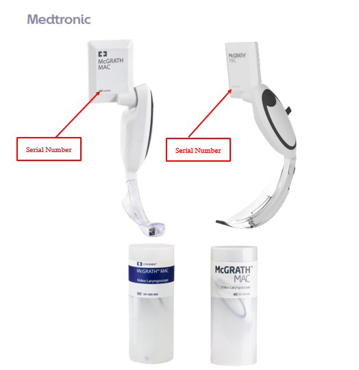 The McGRATH MAC video laryngoscopes shown with the labeled packaging containers.