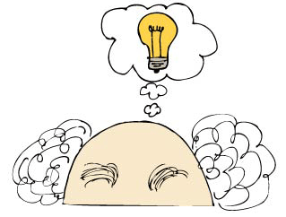 man's head with a thought bubble containing a light bulb