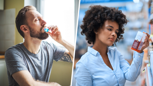 People taking medication and reading label