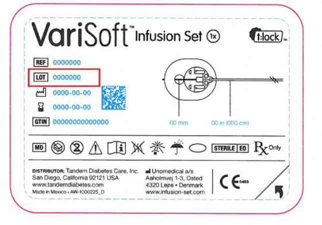 Example of a VariSoft Infusion Set label, showing the location of the Lot number.