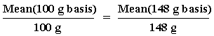 (Mean(100 g basis))/(100 g)=(Mean(148 g basis))/(148 g)