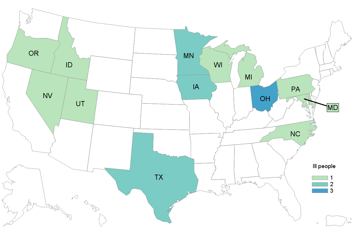 Outbreak Investigation of Listeria monocytogenes from Dole Packaged Salad - CDC Case Count Map (April 4, 2022)