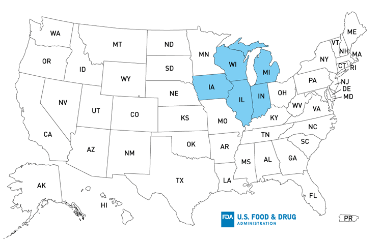 Outbreak Investigation of Salmonella Typhimurium in BrightFarms Packaged Salad Greens - Map of U.S. Distribution of Recalled Products (October 6, 2021)