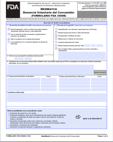 MEDWATCH Denuncia Voluntaria del Consumidor