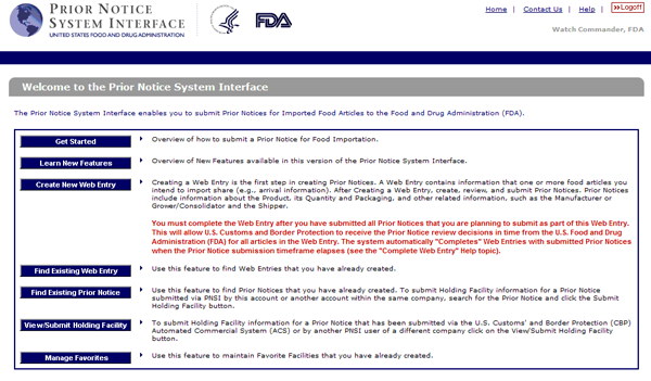 Prior Notice System Interface