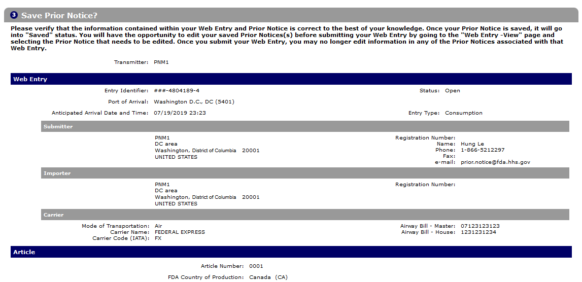 Creating PNSI Save Prior Notice (Figure 33)