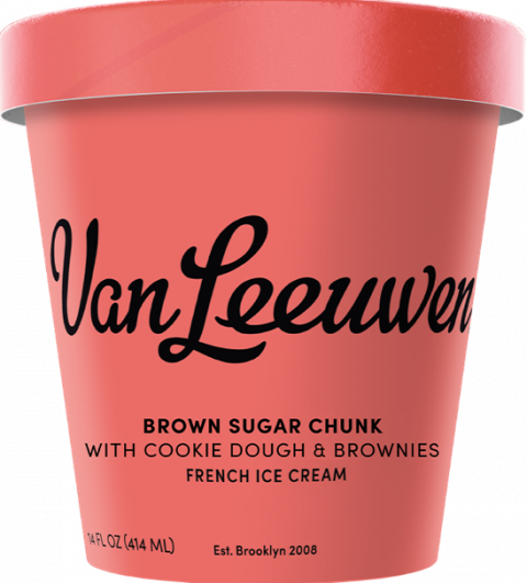 Image 1: Front Label  Van Leeuwen brand BROWN SUGAR CHUNK WITH COOKIE DOUGH & BROWNIES FRENCH ICE CREAM 14 FL OZ