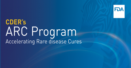 Image with blue abstract background with text aligned to the left that reads, "CDER's ARC Program: Accelerating Rare disease Cures."