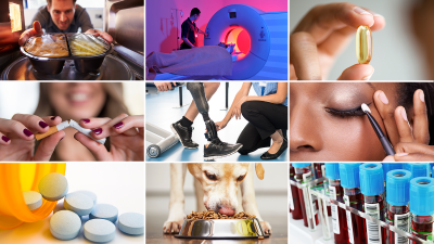 collage of 9 photos including man removing frozen meal from microwave, MRI machine, dietary supplement, woman breaking cigarette in two, prosthetic leg, woman applying makeup, prescription medicine, dog eating, blood in vials