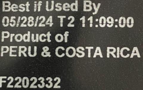 BEST IF USED 05/28/24 T2 PRODUCT OF PERU, MEXICO & COSTA RICA F2202332