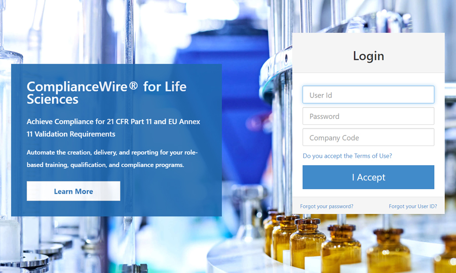 ComplianceWire login page