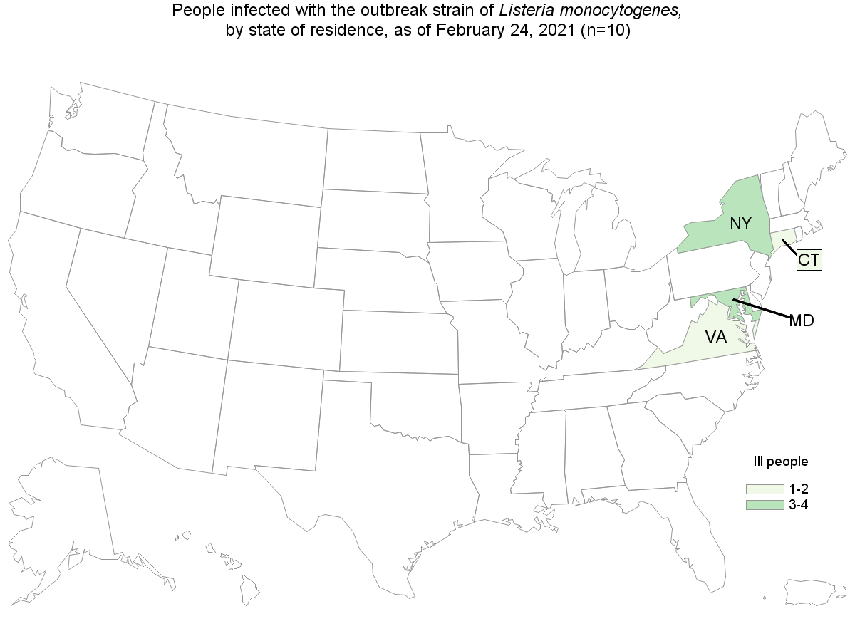 CDC Case Count Map for the Outbreak Investigation of Listeria monocytogenes in Hispanic-style Fresh and Soft Cheeses - 2/24/2021