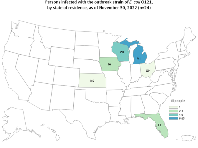 Outbreak Investigation of E. coli O121: Frozen Falafel (October 2022) - CDC Case Count Map as of December 1, 2022