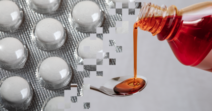 Generic image of pills in blister packaging and liquid medication being dispensed into a spoon