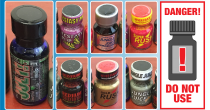 Sample photos of nitrite "poppers" and warning ingestion or inhalation may result in severe injury or death