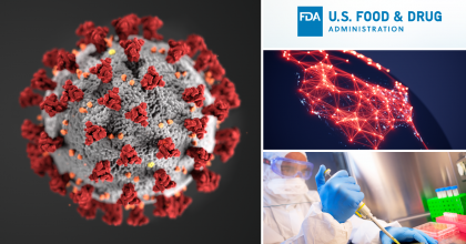 Three image collage depicting COVID-19 molecule on the left, a globe highlighting America and a scientist working in a lab on the right.