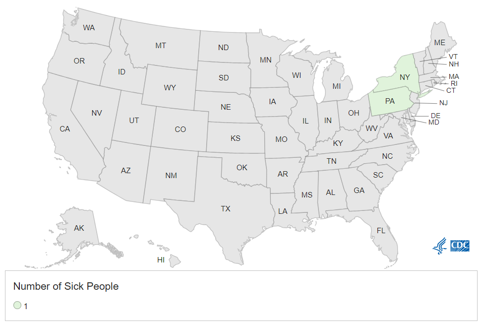 Outbreak Investigation of Listeria: Ice Cream (August 2023) - CDC Case Count Map