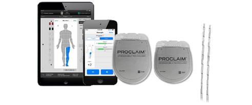 From left to right: Abbott Clinical Programmer, Patient Controller, Implantable Pulse Generator and leads. 