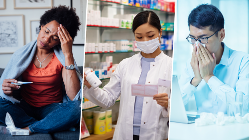 collage of three photos: woman sitting cross-legged holding head while looking a thermometer, pharmacist reading prescription and holding medicine bottle, man looking at open laptop while blowing his nose with glass of water and used tissues on table