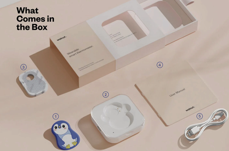 Components shown: (1) thermometer unit; (2) base station; (3) adhesive strip; (4) user manual; (5) charging cable